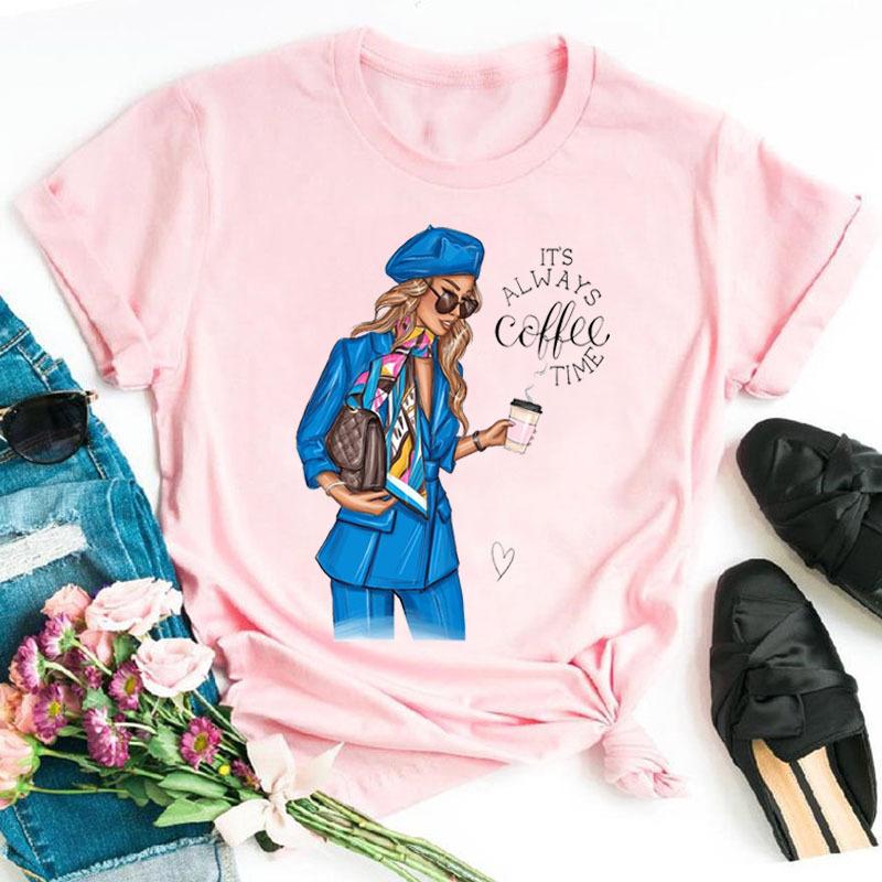 Summer Fashion Coffee Girl Urban Base Shirt Round Neck Pure Cotton Short Sleeved Women's T-Shirts Women’s