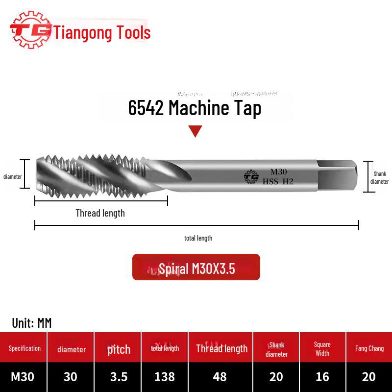 Tiangong Spiral Tap for Fine Thread Tapping (M2-M6) In Iron, Aluminum, Copper, Steel, and Stainless Steel.