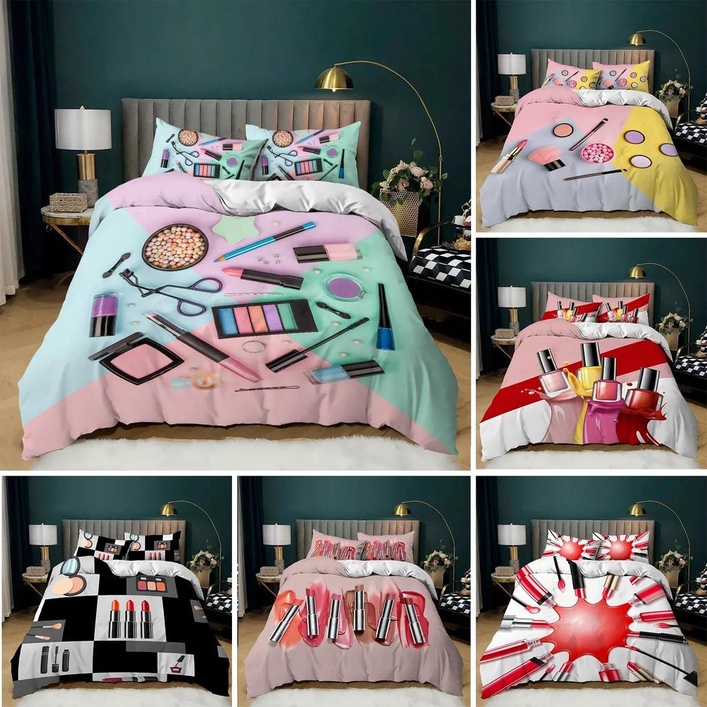 Cosmetic Makeup Theme Comfortable Duvet Quilt Cover Pillowcase Bedding Set Children Bedroom Decoration Home Textile