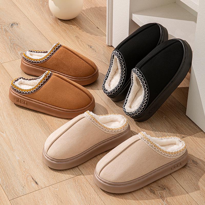 Unisex Suede Lace Warm Cotton Slippers with EVA Sole for Indoor/Outdoor Use