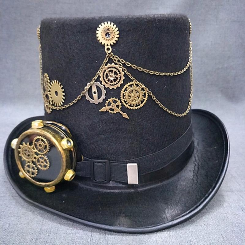 Steampunk Top Hat with Goggles Halloween Metal Gear Decor Hat Gothic Cosplay Magician Hat Unisex Jazzs Hat