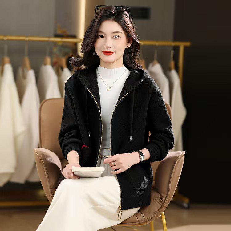 

Осенне-зимнее ретро шерстяное короткое пальто с капюшоном на молнии XXL чёрный