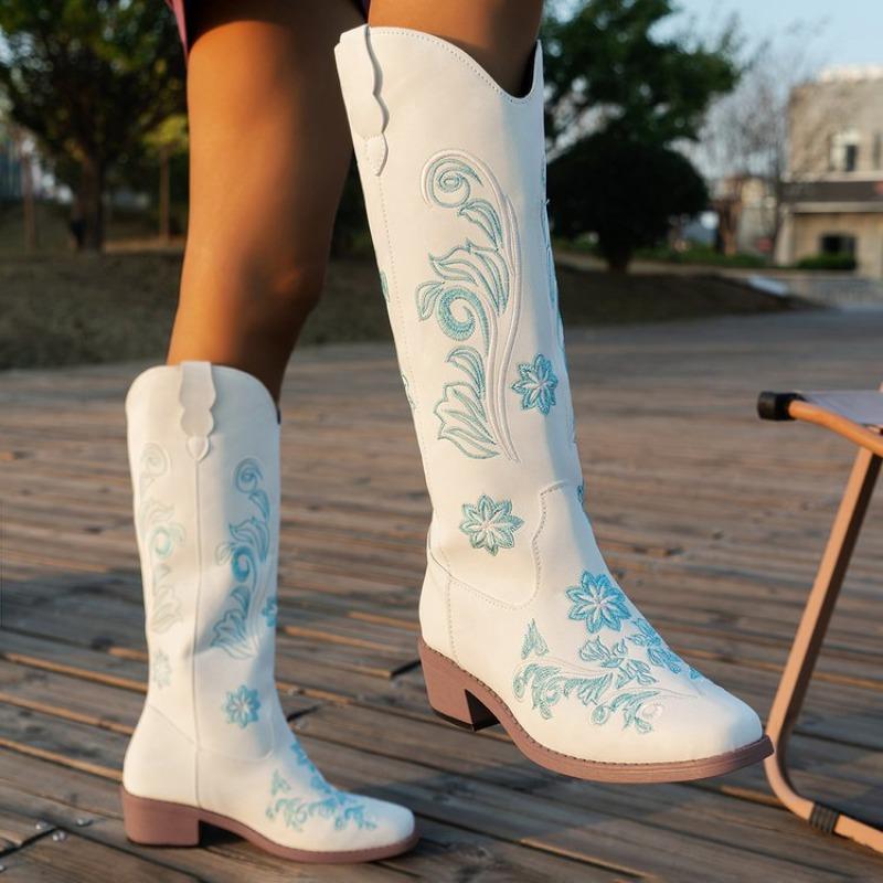 Dámské vysoké boty Retro vyšívané západní kovbojské boty pro ženy Špičaté vysoké podpatky Kožené kotníkové boty Módní rytířské Botas