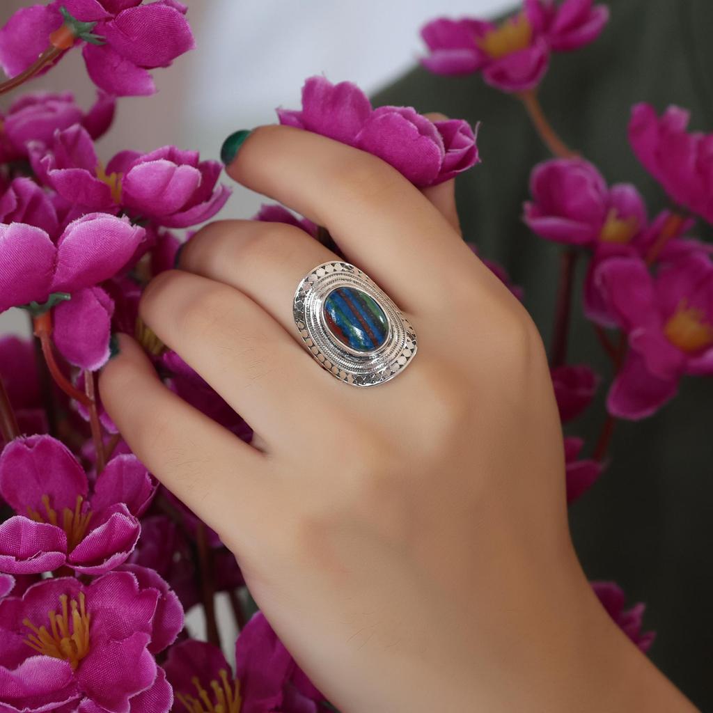 Rainbow Calsilica Silver Ring, Pure 925 Sterling Silver Handmade Jewelry, Silver Women Jewelry Ar8943