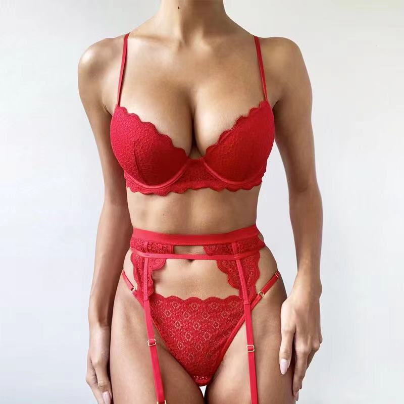 Sexy Lace Ultra-thin Lingerie Set Women Underwire Push Up Bra Set 3-Piece Thong Garter Intimates Europe Secret Bralette