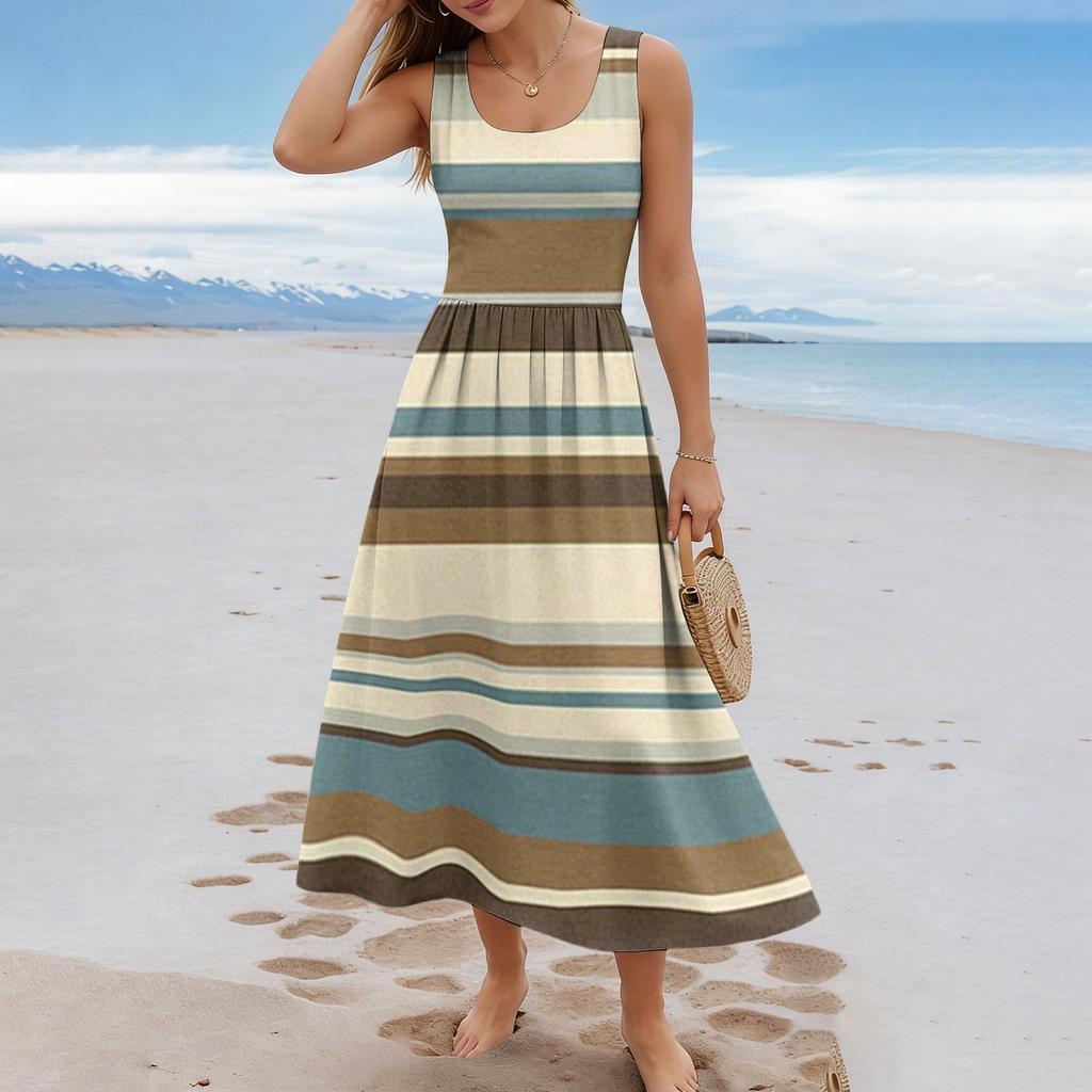 Ladies' striped summer casual and fashionable sleeveless long dress