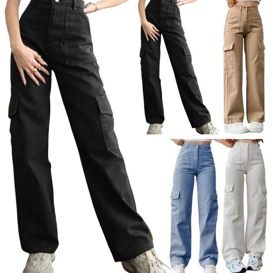 Damen-Cargohose, mittelhoher Bund, Knopfleiste, Reißverschluss, lässige Hose mit mehreren Taschen, gerades Bein, lockere Passform, einfarbig, lange Hose