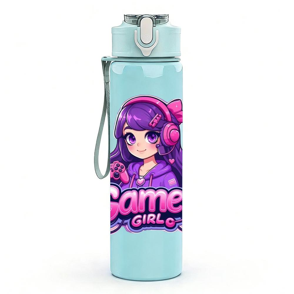 1PC Purple Hair Gamer Girl Cartoon 750ml Color Plastic Sports Water Bottle Leakproof Flip Straw Lid Suitable for Sports Office Home Use