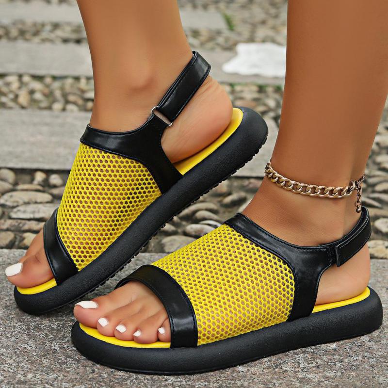 Fashion Summer Breathable Mesh Sandals Women Open Toe Flat Sandals Casual Fish Mouth Plus Size New Korean Comfort Beach Low Heel Sandals