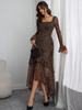 European & American Women's Slim Fit Square Neck Leopard Print Slit Dress - Mermaid Style, Fashionable, Elegant, Sexy.
