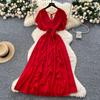 Damen Sommer V-Ausschnitt Puffärmel Chiffon Maxikleid mit Rüschen