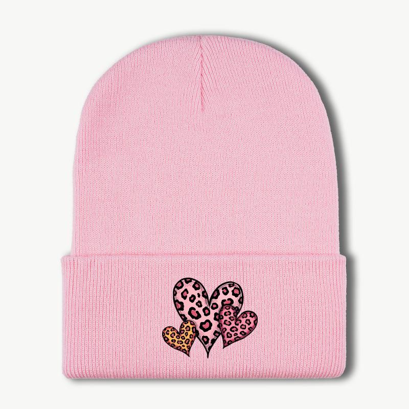 Leopard Print Double Heart Knit Beanie Warm  Comfortable with Ear Flaps Trendy  Chic Retro Leopard Print Style Unisex Winter E