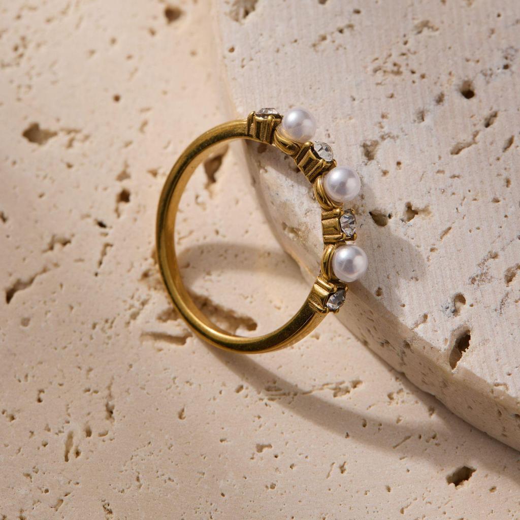 Luxus Zirkon Perlen Edelstahl Ring - High-End Titan Modeschmuck für Damen