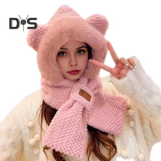 Women Winter Integrated Hat And Scarf Thick Fleece Warm Cartoon Fox Ear Decor Windproof Full Protection Outdoor Travel Cold Weather Snowboarding