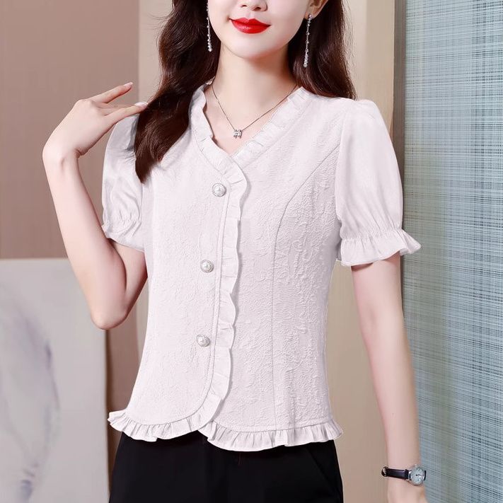 V-neck Bubble Sleeve Chiffon Shirt for Women's Summer Design Wood Ear Versatile Short Sleeved Shirt