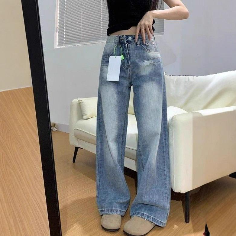 Design Sense Blue Straight Jeans Women's Year Washed Loose Large Size High-waist Skinny Drapey Sense Wide-legged Long Trousers Long Denim Pants