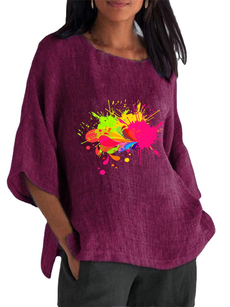 

Женская модная рубашка с круглым вырезом и рукавами 3/4, весенне-летняя, с принтом, хлопково-льняная блузка 5XL фиолетовый