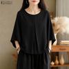 ZANZEA Women Casual Round Neck Solid Color 3/4 Sleeve Blouse