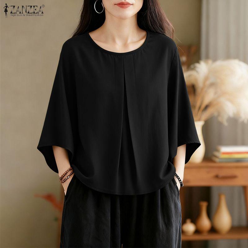 ZANZEA Dámská ležérní halenka s kulatým výstřihem, jednobarevná, s 3/4 rukávy