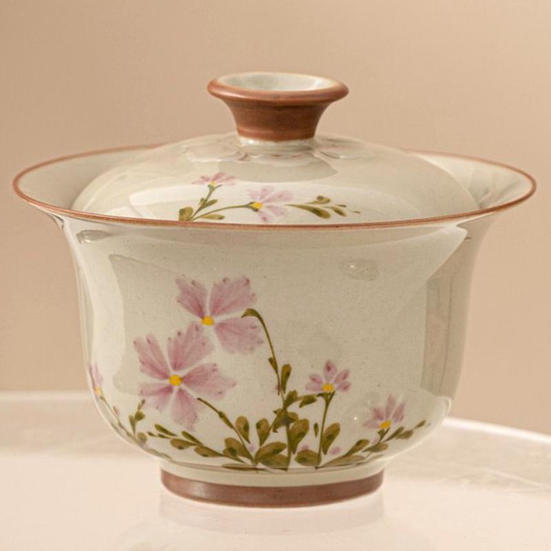 Plant Ash Glazed Ceramic Tea Bowl Daisy Design Three Layer Lid Chinese Gongfu Tea Set Heat Resistant Home Brewing Gift Idea