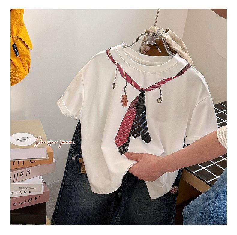Boys' Casual Loose T-shirt with Tie Print - Short Sleeve Top, Sizes Large & Small, Style 26 - 710670