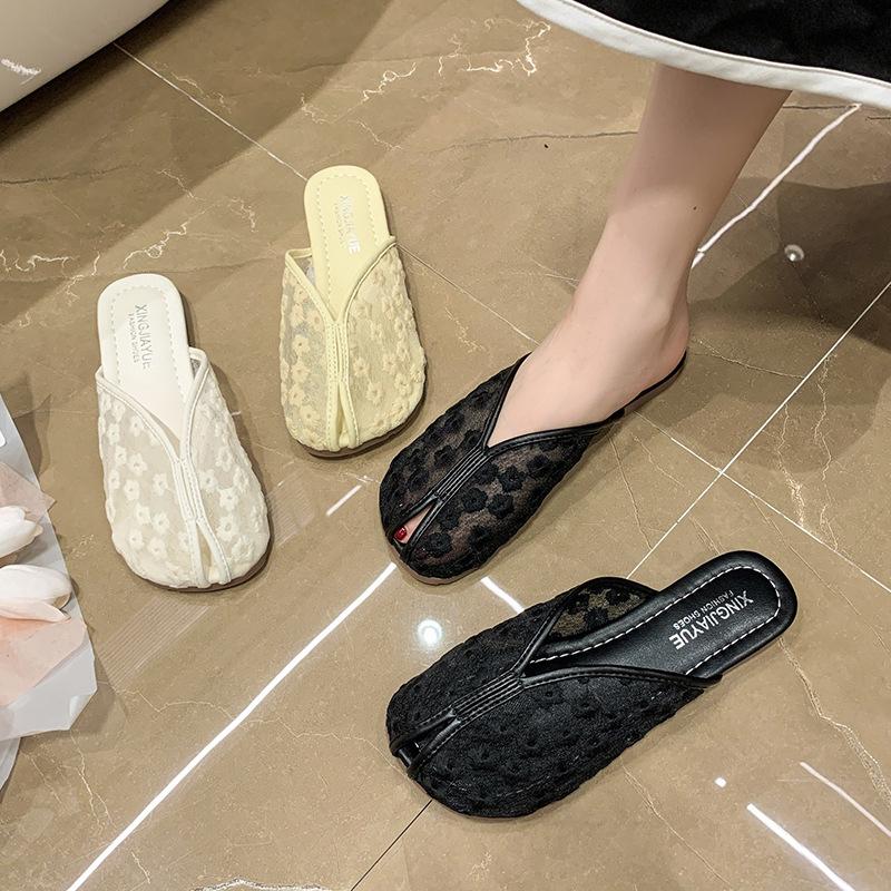 Baotou Cool Slippers Women's Summer Outer Wear Mesh Surface 2025 Lace Embroidery Soft Bottom Non-slip Mesh Surface Half Slippers Small Fragrant Wind