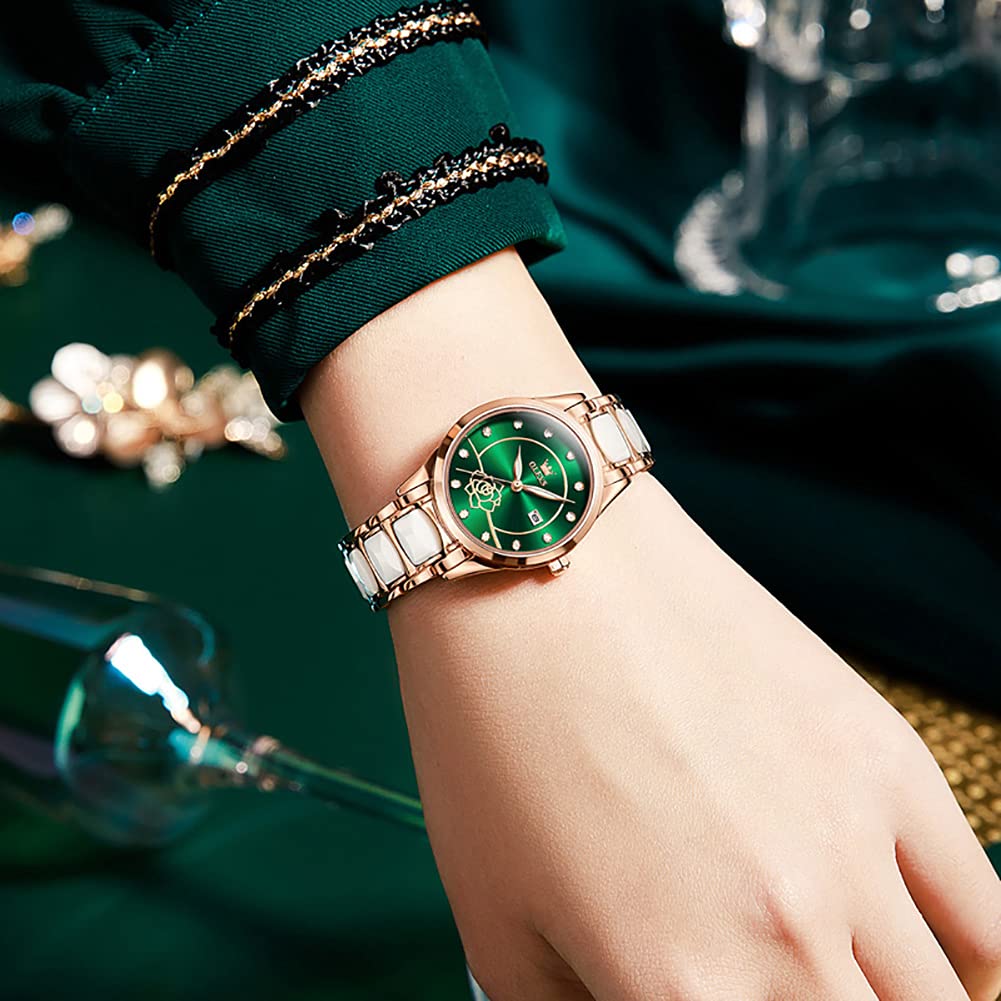 OLEVS Floral Easy To Pink Japanese Bracelet Green Women's Clock, Cute, Green, Pattern, See, Beautiful, Gold, Popular, Waterproof, Luminous, Movement,