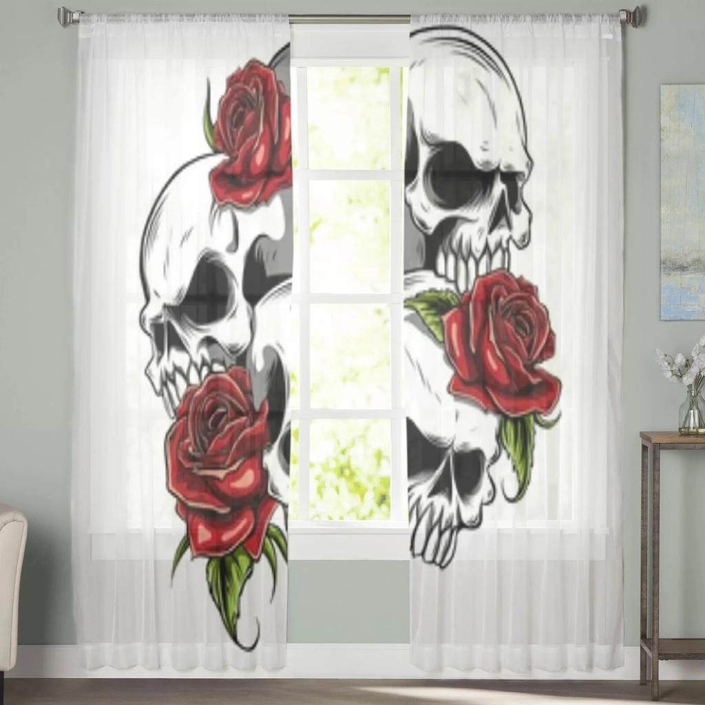 Skull With Roses Chiffon Sheer Curtains For Living Room Bedroom Decoration Window Tulle Curtains Drapes