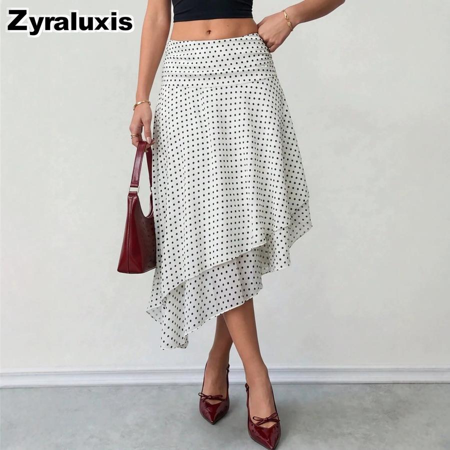 Summer New Retro Polka Dot Printed A-Line Midi Skirt S белый