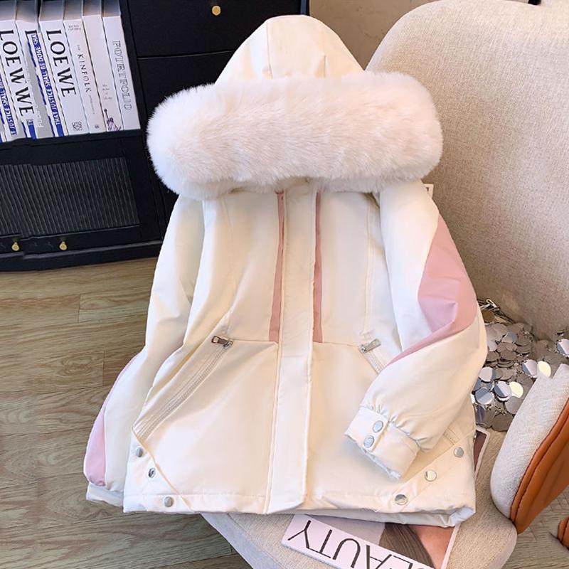 Winter Fur Collar Line Snow Fur Parka Oversize Loose Long Sleeve Hooded Fur Jacket Thick Warmer Loose Outerwear