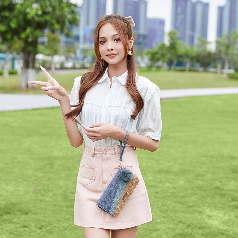 New iron sheet lychee pattern contrasting color long single pull wallet cute high value change bag