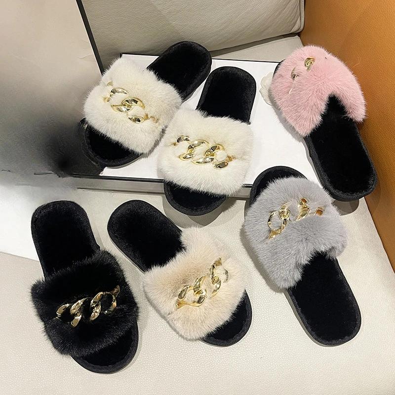 2024 Høst og Vinter Nye Hårtoffler med Metallkjede Dame Mote Varme Flate Tøfler