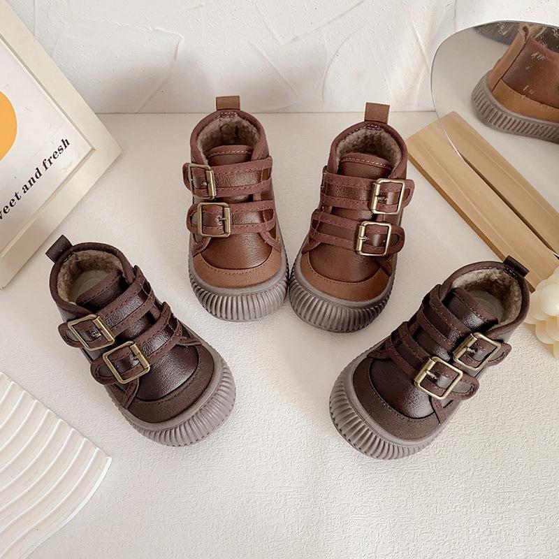 Winter Mid-cut Cotton Shoes for Children, Plus Velvet Soft-soled Casual Shoes for Boys and Girls, Velcro Cotton Shoes
