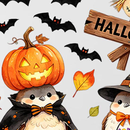 Removable Holiday Wall Art Cartoon Halloween Sticker, Self Adhesive PVC Decal, Wizard Pumpkin Bat Decals Birds Scarecrows Jack-o-lanterns Pattern