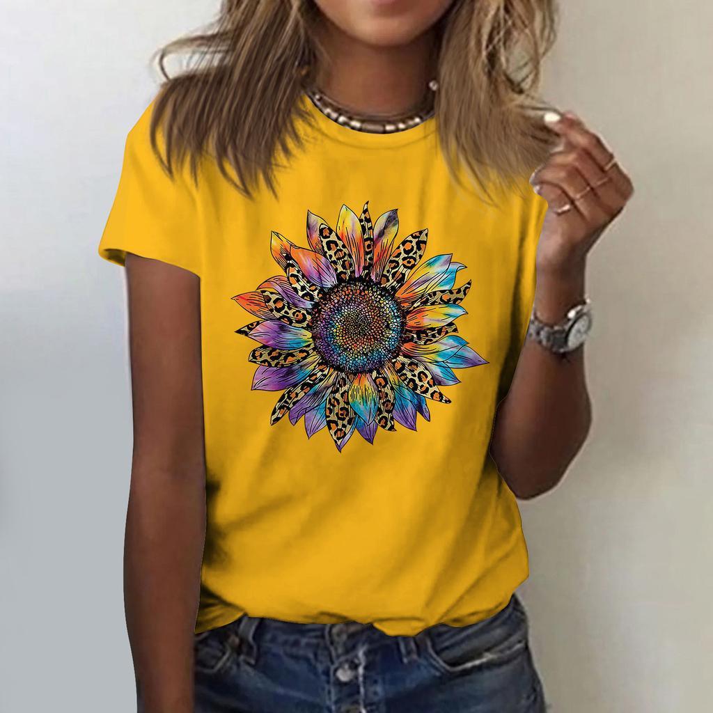 Sunflower Ladies Cute Print Short Sleeve Round Neck Front Shoulder Vintage Short Sleeve Summer Loose Shirt Top