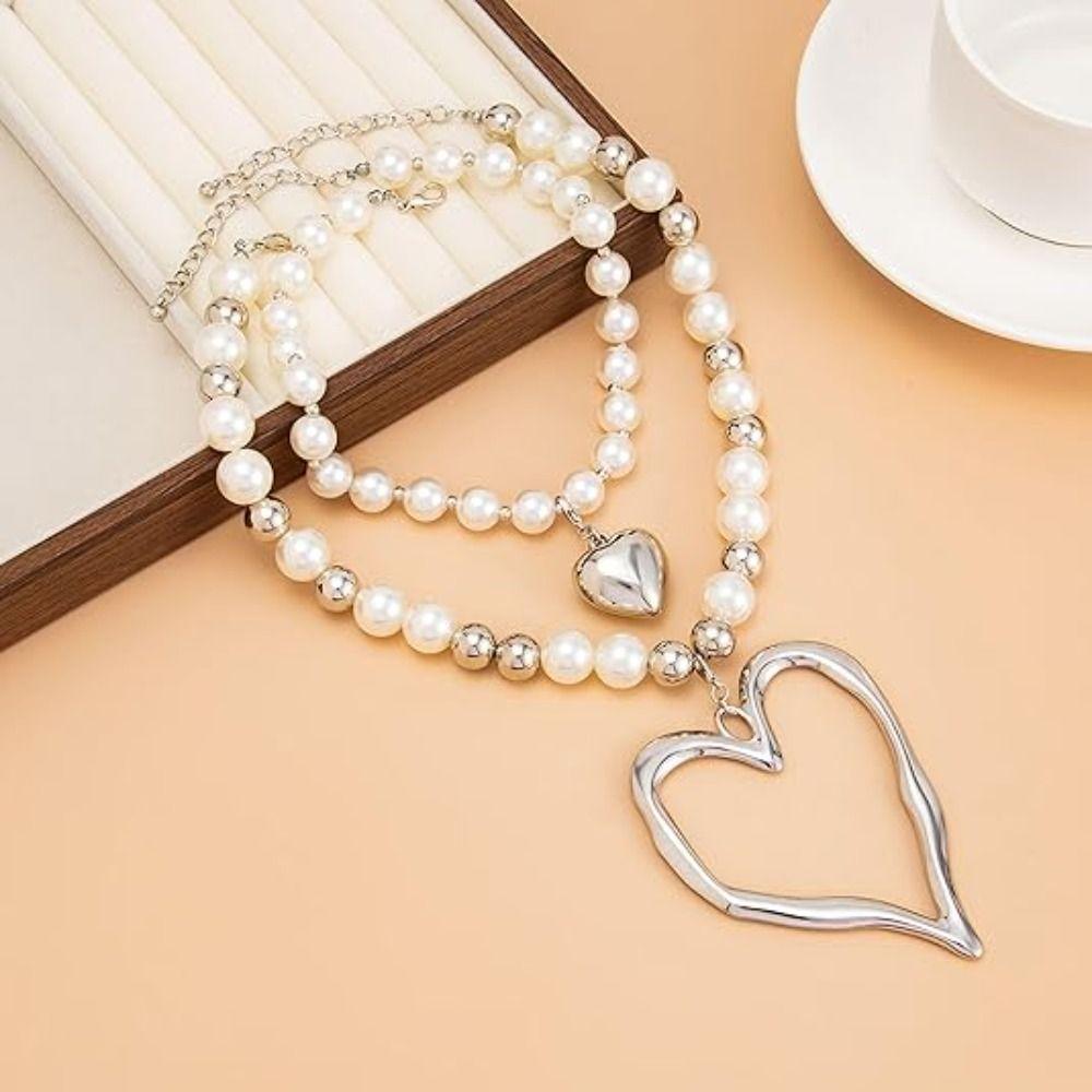 New Personalized Chunky Gold Silver Color Y2K Layered Beaded Pearl Multicolor Alloy Heart Pendant Jewelry Accessories