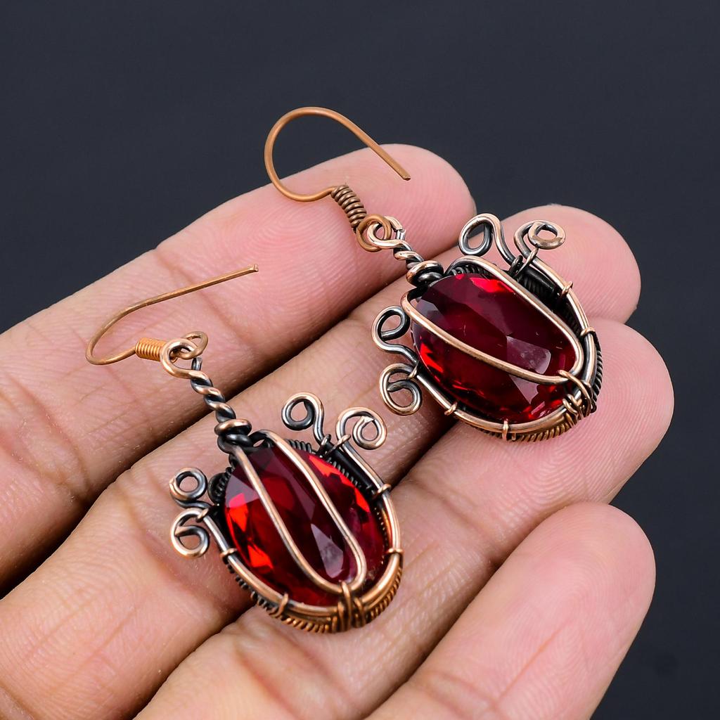Garnet Jewelry, 999 Copper Wire Wrapped Earrings, Handmade Gemstone Jewelry Earrings For Memorial Day