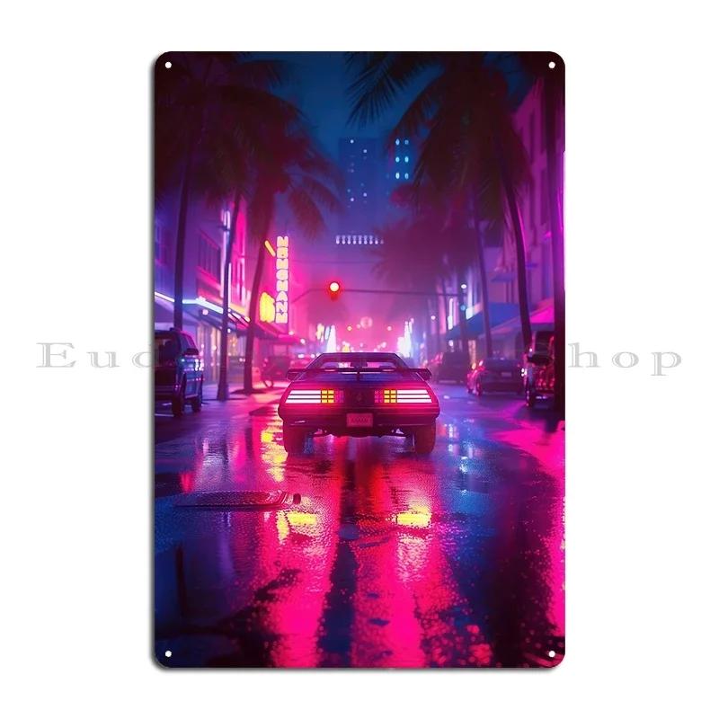 Shoreline Drifter Car Driving Towards Synthwave Sun Through s Miami Metal Plaque Printing Customize Tin Sign Poster