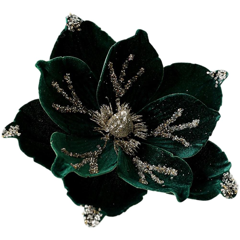 

24CM Plush Fabric Artificial Christmas Flower Featuring Velvet and Realistic Magnolia Design for Festive Decoration темно-зеленого