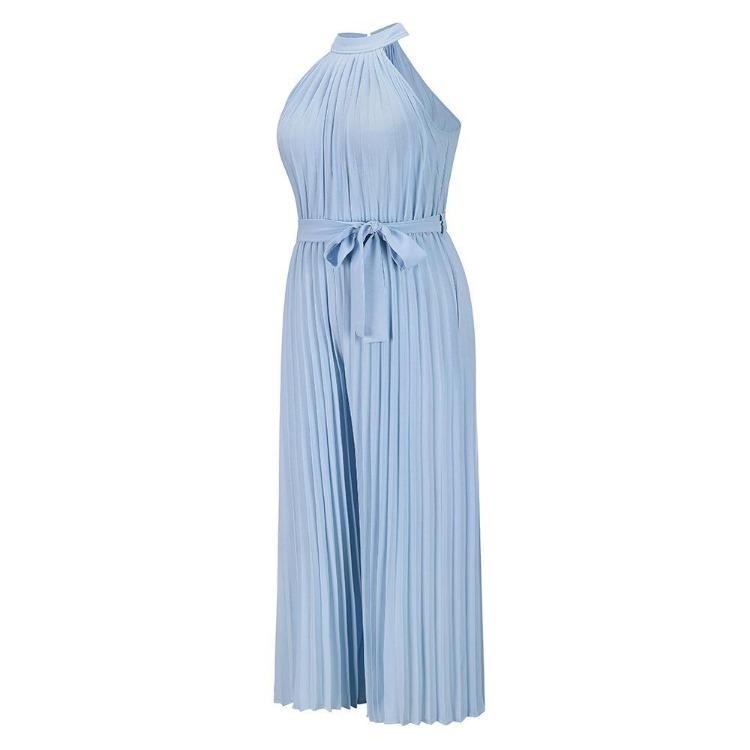 Women Summer Halter Sleeveless Lace Up Slim Wide Jumpsuit Pleated One Piece Trousers