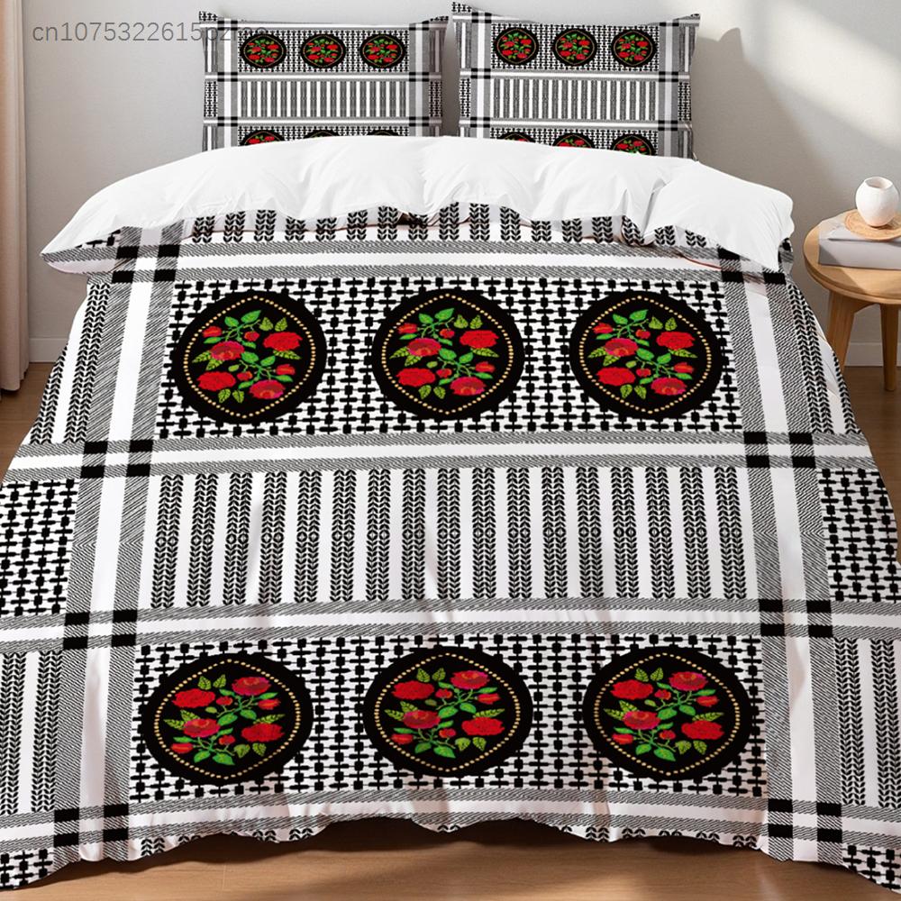 Black White Plaid Bedding Set Floral Embroidery Traditional Ethnic Style Duvet Cover Pillowcase Breathable For Home Bedroom