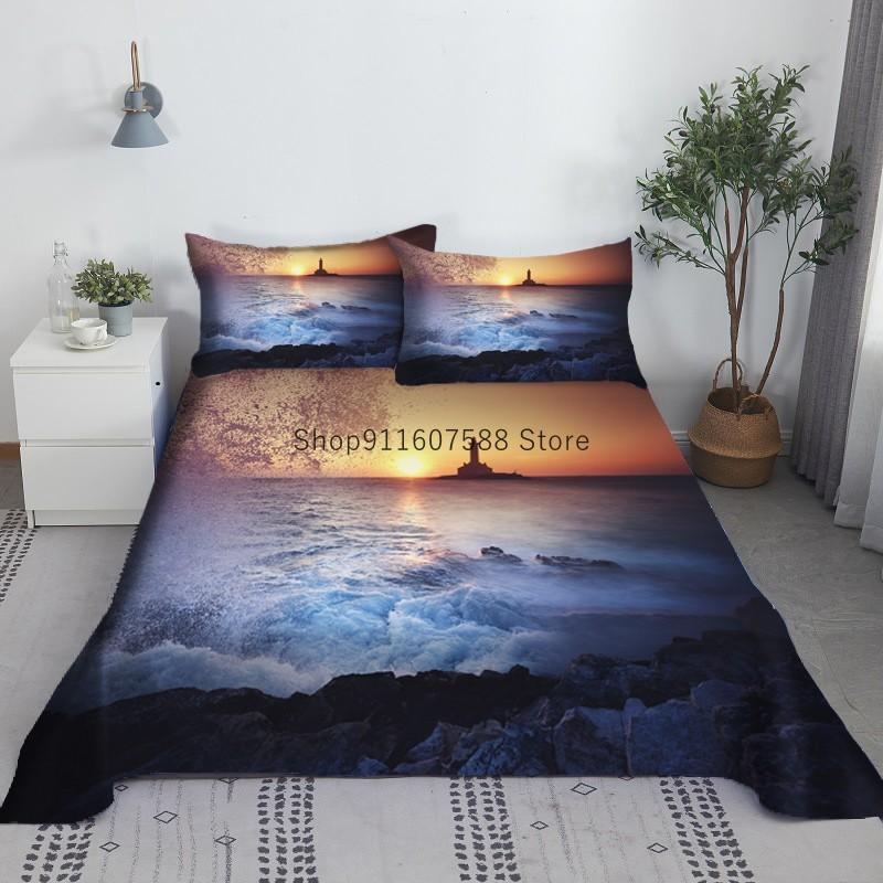 Moon And Water Bed Sheet Set 3D Printed Polyester Scenery Bed Flat Sheet With Pillowcase Bed Linen 1/1.2/1.35/1.5/1.8/2m