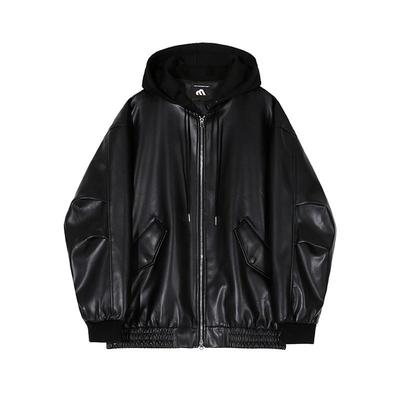 Pánská kožená bunda s kapucí Jarní Nový Volný Top Korejský Styl Trendy Kožená Bunda