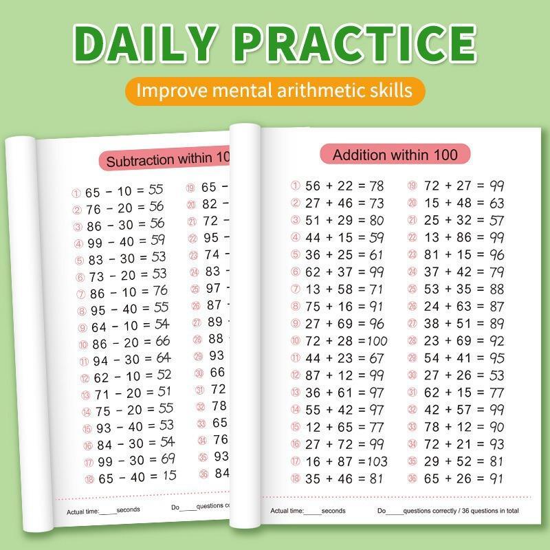 Children's Early Math Education Workbook Addition Subtraction Within 100 Exercise Book for Kids Daily Training Gift