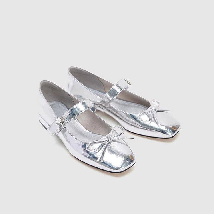 Bow French silver Mary Jane shoes women's spring 2025 new square head mirror retro thick heel single shoes women