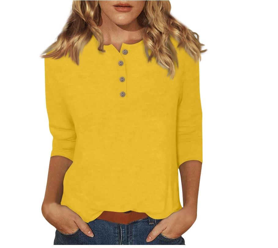 Women's Long Sleeve Round Neck Button Detail Blouse Solid Color Casual Top