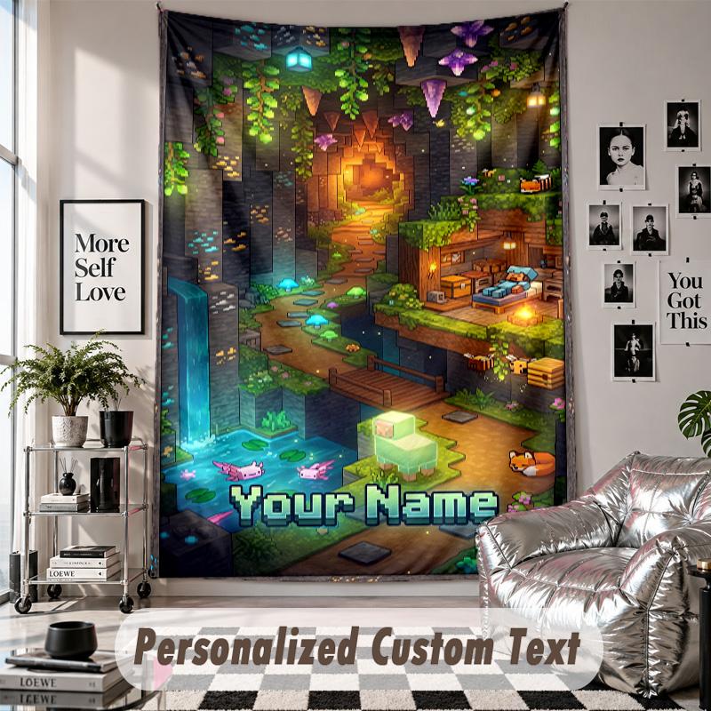 Wall Hanging Tapestry With Custom Name & Text, Minecraft Decorative Tapestry For Bedroom
