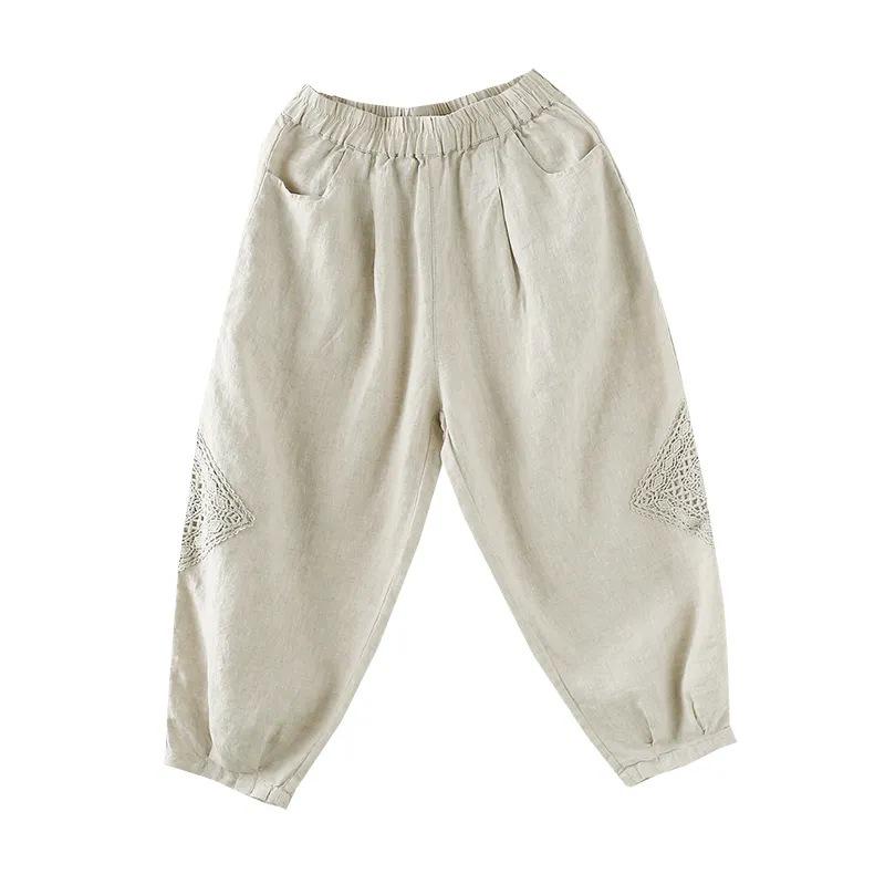 Women's Summer Cotton and Linen Nine-minute Trousers High-waisted Loose Slightly Elastic Leisure Trousers