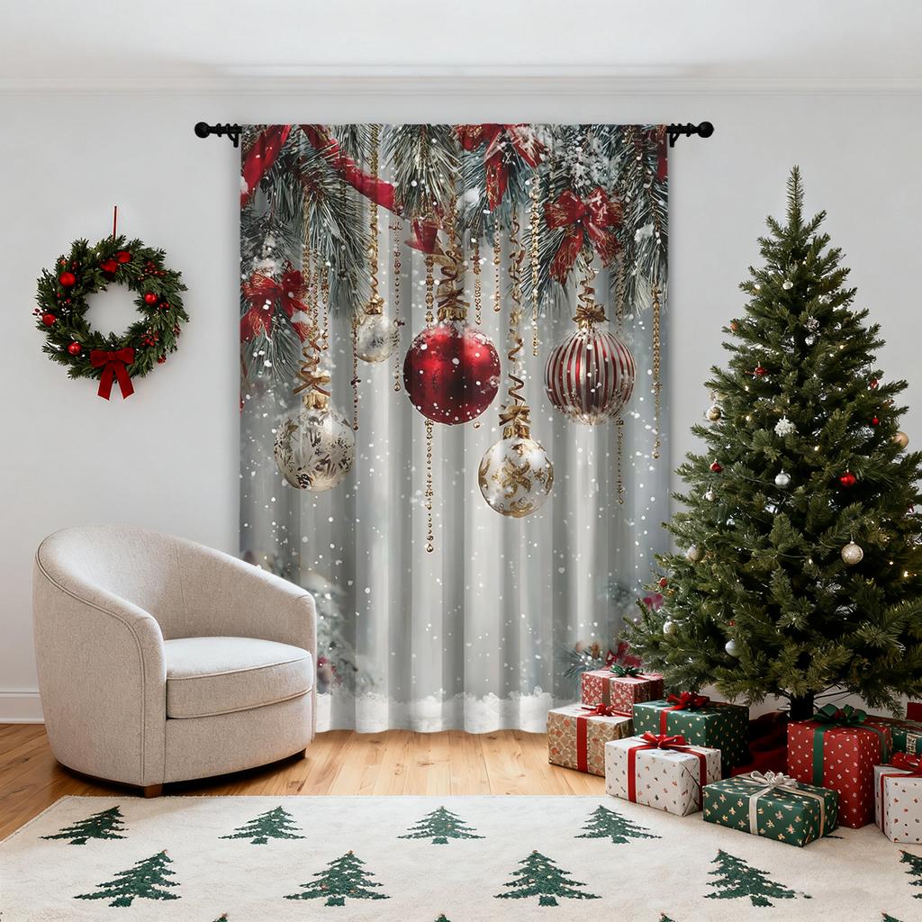 Single Panel Christmas Snowflake Ball Decorative Curtain Home Living Room Bedroom Office Party Daily Decoration Light Blocking For Area Polyester