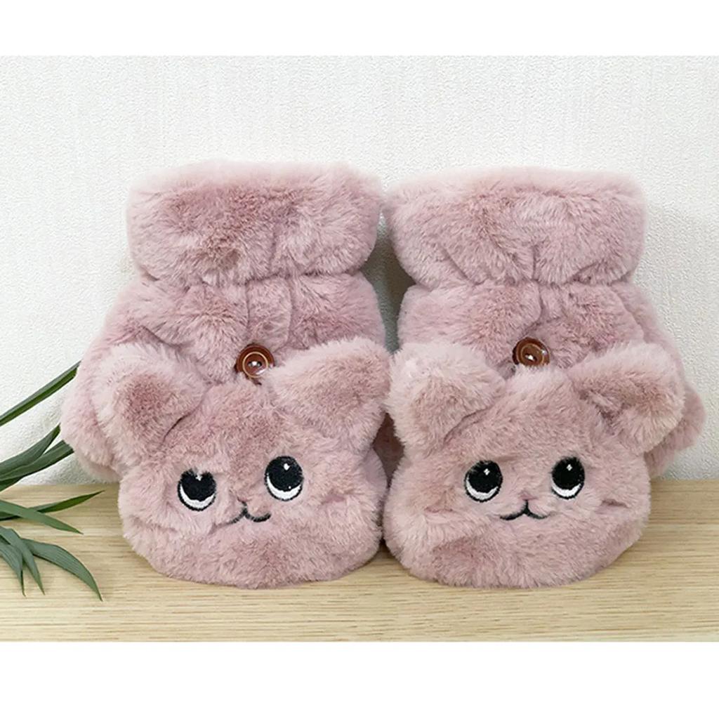 Plush Cartoon Cat Cute Half Finger Flip Gloves, Warm And Thick Keyboard Gloves For Women In Winter